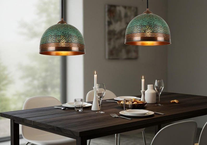 Green Patina Copper Pendant Light, Handmade Perforated Dome Ceiling Lamp, Rustic Moroccan Kitchen Island Chandelier with Warm Copper Interior