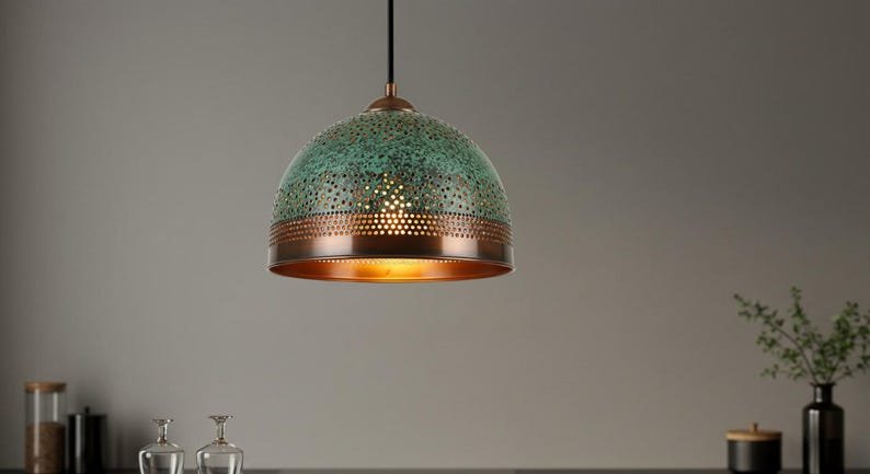 Green Patina Copper Pendant Light, Handmade Perforated Dome Ceiling Lamp, Rustic Moroccan Kitchen Island Chandelier with Warm Copper Interior