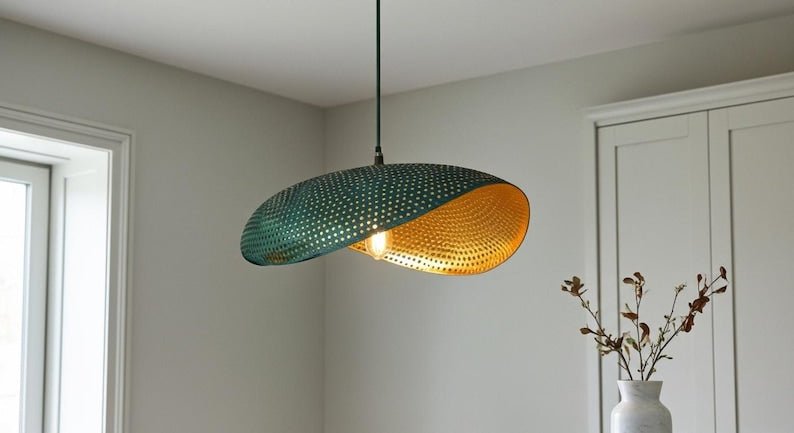 Blue Patina Copper Oval Pendant Light, Handmade Moroccan Sculptural Copper Hanging Lamp, Perforated Hammered Kitchen Island Chandelier, Modern Boho Rustic Ceiling Light Fixture