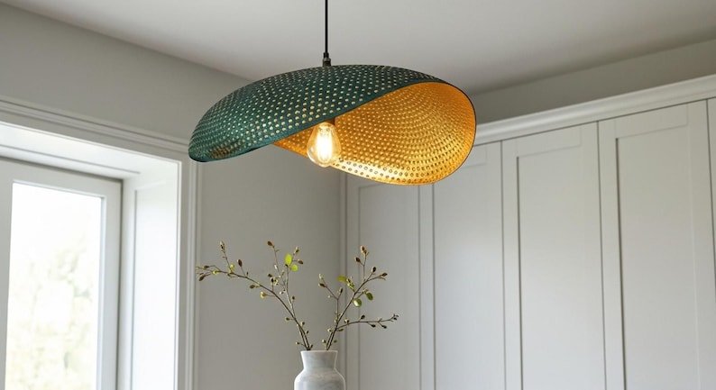 Blue Patina Copper Oval Pendant Light, Handmade Moroccan Sculptural Copper Hanging Lamp, Perforated Hammered Kitchen Island Chandelier, Modern Boho Rustic Ceiling Light Fixture
