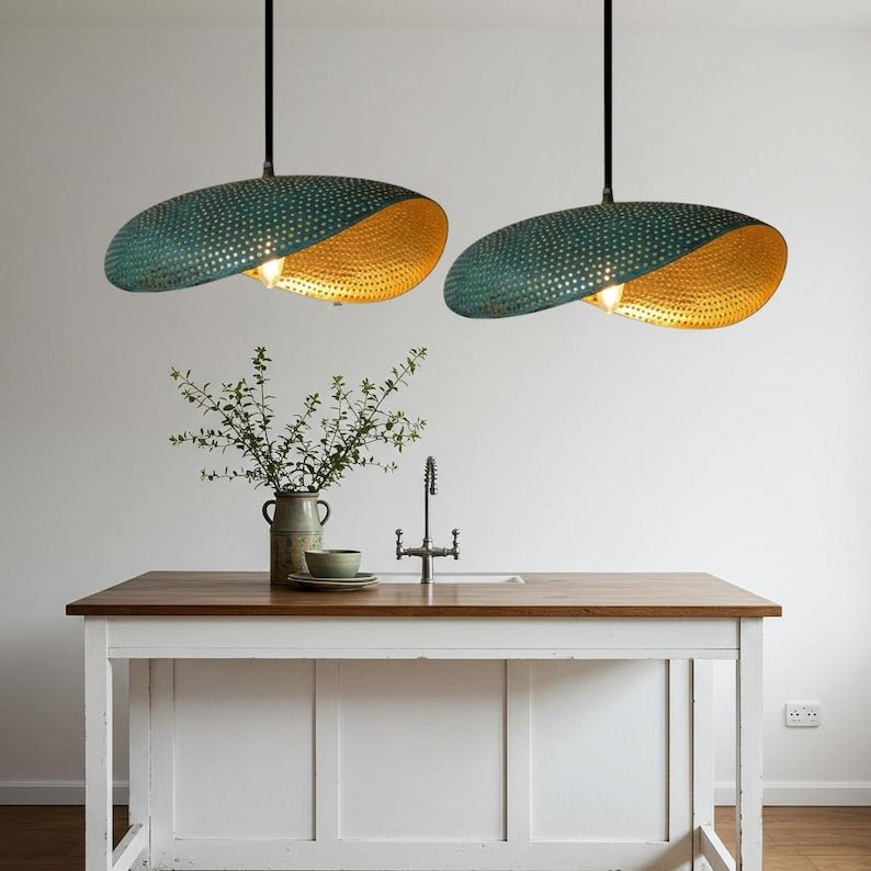 Blue Patina Copper Oval Pendant Light, Handmade Moroccan Sculptural Copper Hanging Lamp, Perforated Hammered Kitchen Island Chandelier, Modern Boho Rustic Ceiling Light Fixture