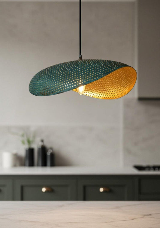 Blue Patina Copper Oval Pendant Light, Handmade Moroccan Sculptural Copper Hanging Lamp, Perforated Hammered Kitchen Island Chandelier, Modern Boho Rustic Ceiling Light Fixture