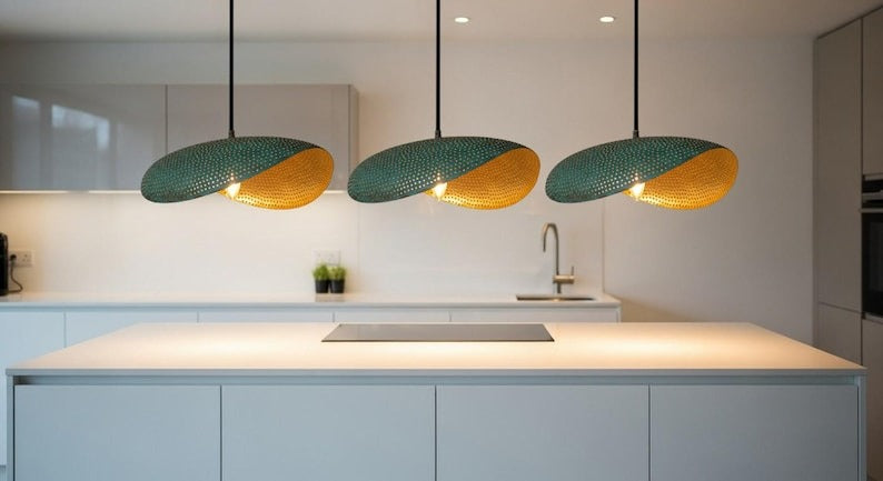 Handmade Moroccan Brass Sculptural Pendant Light – Perforated Teal Green Patina Double-Leaf Hanging Lamp with Warm Gold Interior, Modern Boho Ceiling Light for Dining Room, Kitchen Island & Living Room