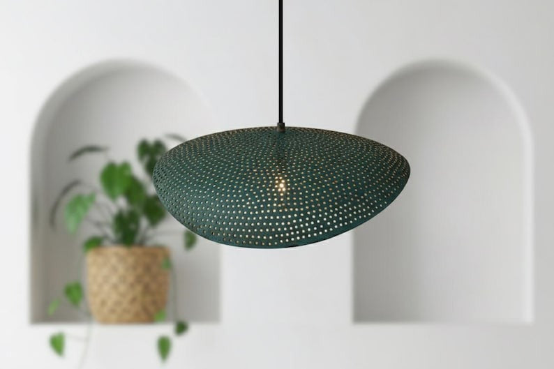 Handmade Moroccan Brass Sculptural Pendant Light – Perforated Teal Green Patina Double-Leaf Hanging Lamp with Warm Gold Interior, Modern Boho Ceiling Light for Dining Room, Kitchen Island & Living Room