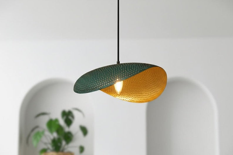 Handmade Moroccan Brass Sculptural Pendant Light – Perforated Teal Green Patina Double-Leaf Hanging Lamp with Warm Gold Interior, Modern Boho Ceiling Light for Dining Room, Kitchen Island & Living Room