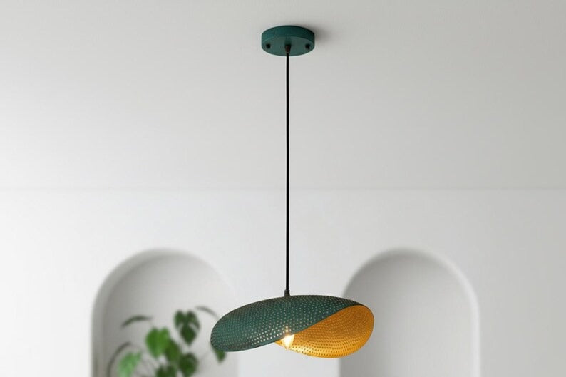 Handmade Moroccan Brass Sculptural Pendant Light – Perforated Teal Green Patina Double-Leaf Hanging Lamp with Warm Gold Interior, Modern Boho Ceiling Light for Dining Room, Kitchen Island & Living Room