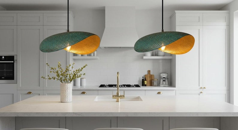 Handmade Moroccan Brass Sculptural Pendant Light – Perforated Teal Green Patina Double-Leaf Hanging Lamp with Warm Gold Interior, Modern Boho Ceiling Light for Dining Room, Kitchen Island & Living Room