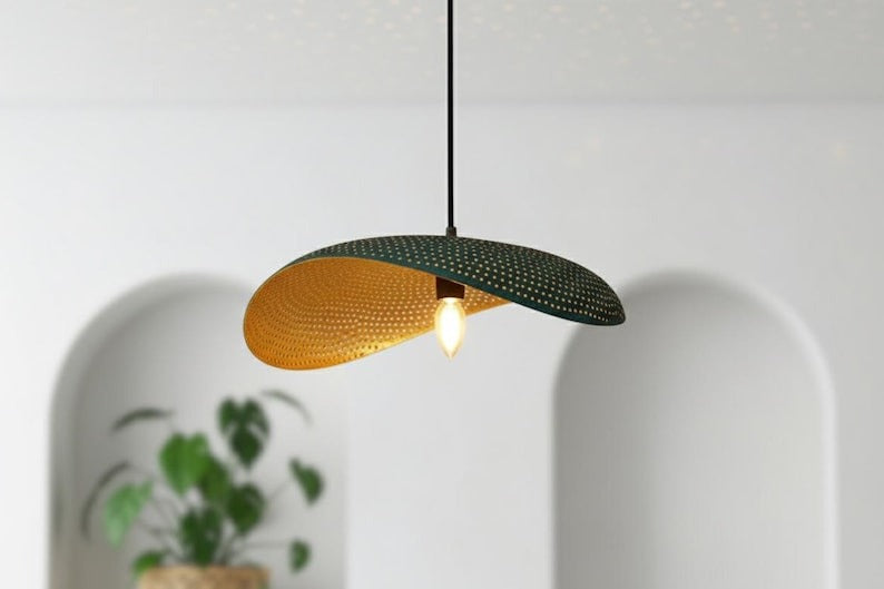 Handmade Moroccan Brass Sculptural Pendant Light – Perforated Teal Green Patina Double-Leaf Hanging Lamp with Warm Gold Interior, Modern Boho Ceiling Light for Dining Room, Kitchen Island & Living Room