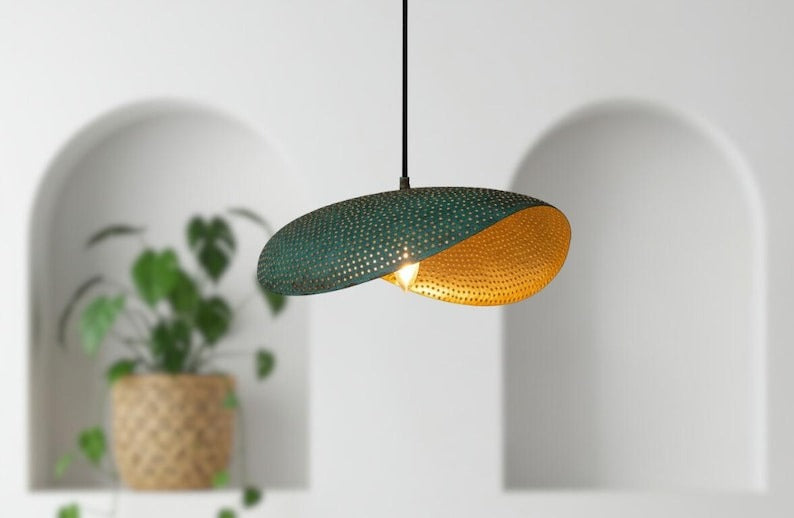 Handmade Moroccan Brass Sculptural Pendant Light – Perforated Teal Green Patina Double-Leaf Hanging Lamp with Warm Gold Interior, Modern Boho Ceiling Light for Dining Room, Kitchen Island & Living Room