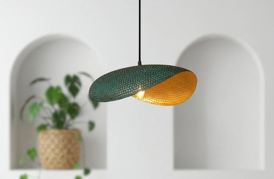 Handmade Moroccan Brass Sculptural Pendant Light – Perforated Teal Green Patina Double-Leaf Hanging Lamp with Warm Gold Interior, Modern Boho Ceiling Light for Dining Room, Kitchen Island & Living Room