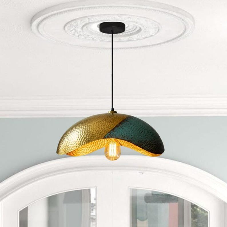 Handmade Perforated Brass Pendant Light – Moroccan Copper Saucer Pendant Lamp for Kitchen Island, Dining Room & Boho Home Décor