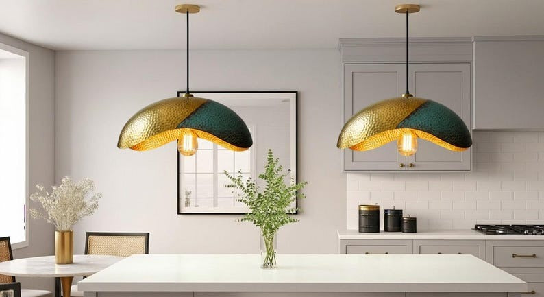Handmade Perforated Brass Pendant Light – Moroccan Copper Saucer Pendant Lamp for Kitchen Island, Dining Room & Boho Home Décor