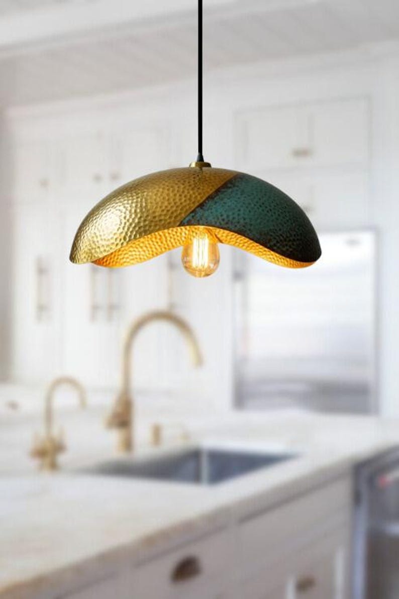 Handmade Perforated Brass Pendant Light – Moroccan Copper Saucer Pendant Lamp for Kitchen Island, Dining Room & Boho Home Décor