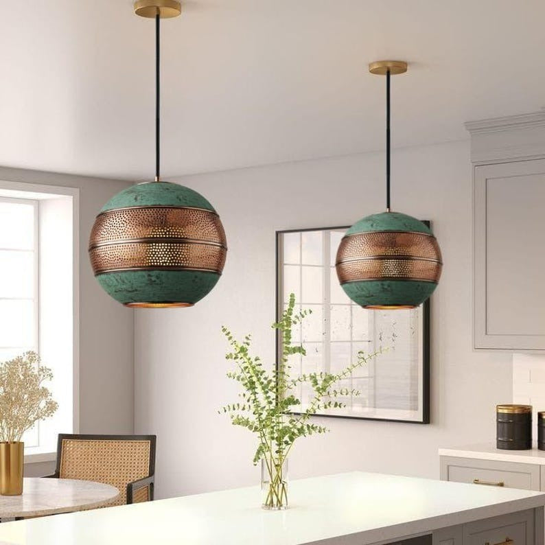 Handmade Green Patina Brass Pendant Light – Moroccan Globe Pendant Lamp with Perforated Copper Brass Band for Kitchen Island, Dining Room & Boho Home Décor