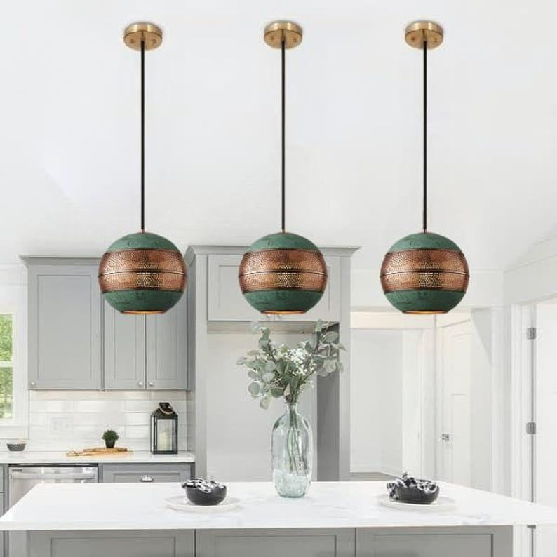Handmade Green Patina Brass Pendant Light – Moroccan Globe Pendant Lamp with Perforated Copper Brass Band for Kitchen Island, Dining Room & Boho Home Décor