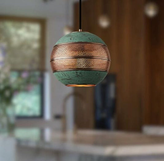 Handmade Green Patina Brass Pendant Light – Moroccan Globe Pendant Lamp with Perforated Copper Brass Band for Kitchen Island, Dining Room & Boho Home Décor