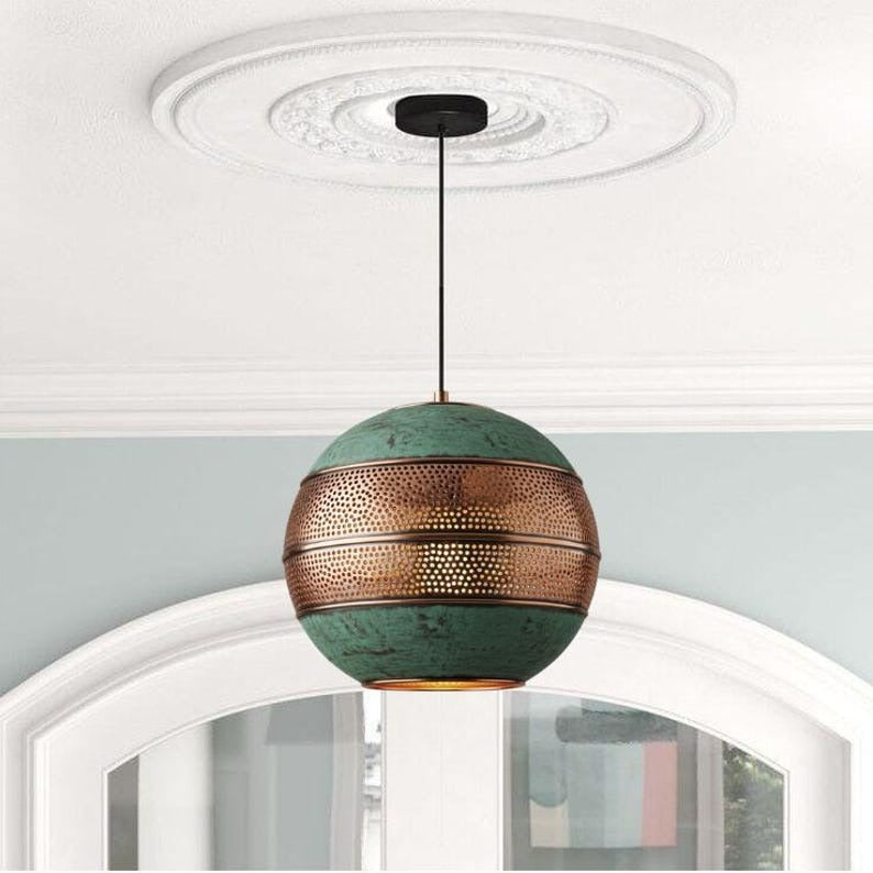 Handmade Green Patina Brass Pendant Light – Moroccan Globe Pendant Lamp with Perforated Copper Brass Band for Kitchen Island, Dining Room & Boho Home Décor