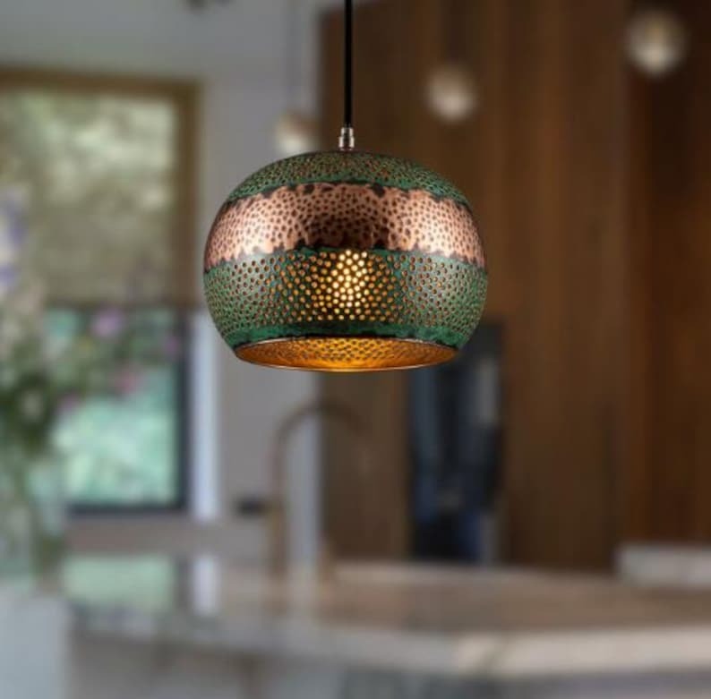 Handmade Perforated Brass Pendant Light – Moroccan Green Patina & Copper Globe Hanging Lamp with Round Cutouts for Kitchen Island, Dining Room & Boho Home Décor