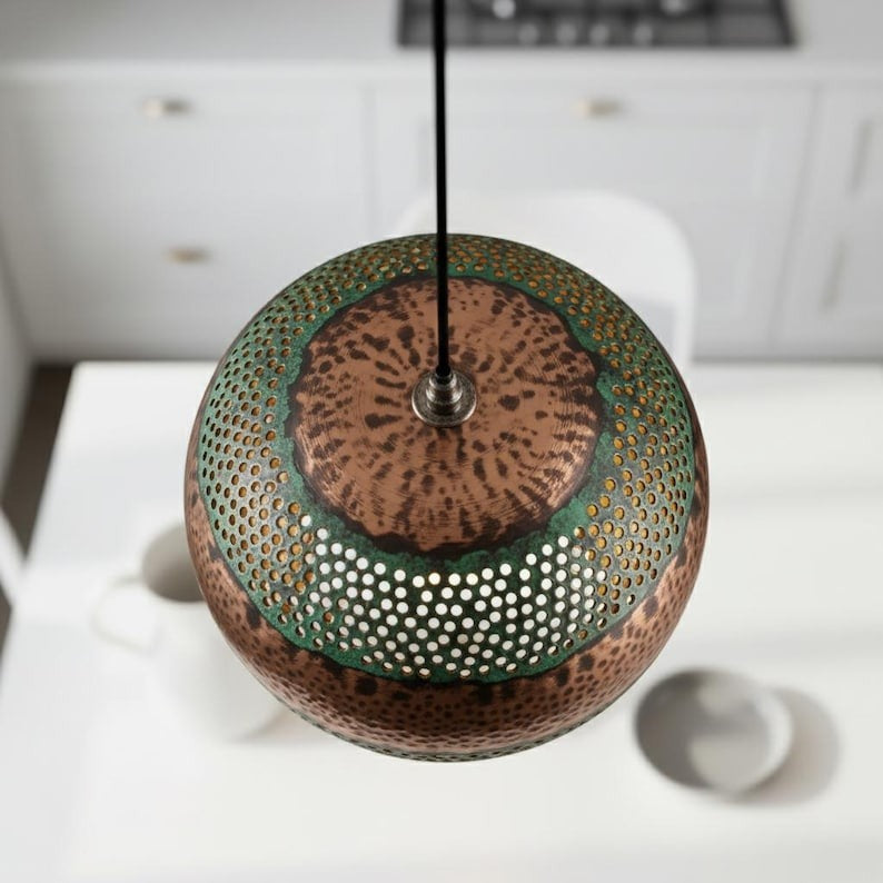 Handmade Perforated Brass Pendant Light – Moroccan Green Patina & Copper Globe Hanging Lamp with Round Cutouts for Kitchen Island, Dining Room & Boho Home Décor