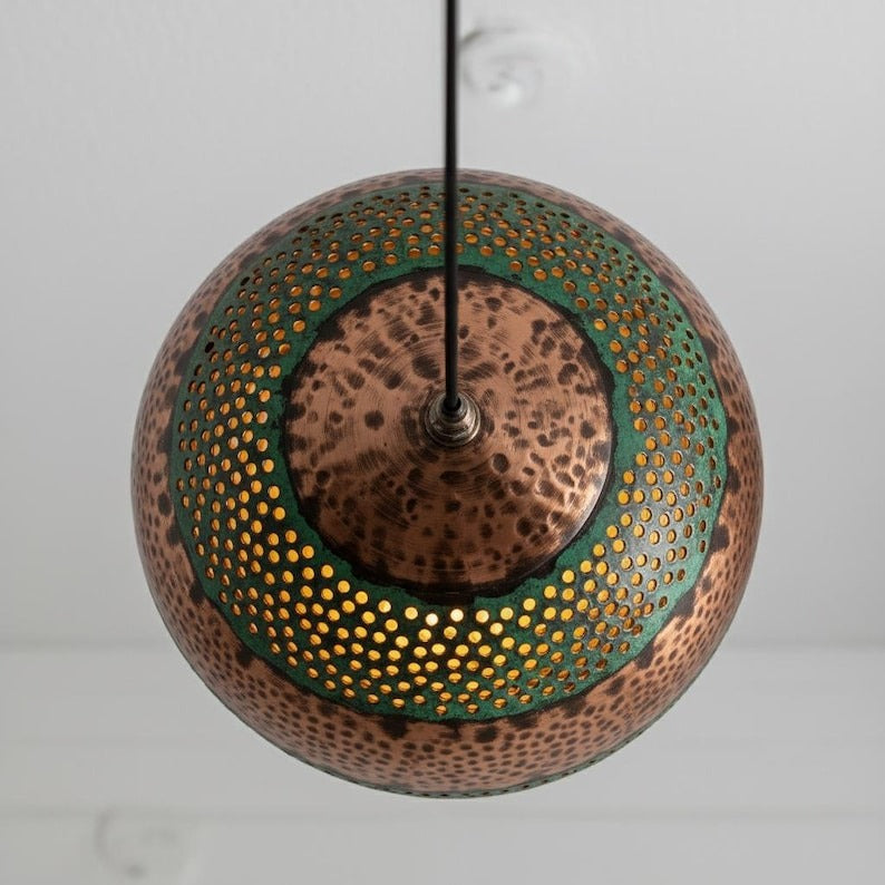 Handmade Perforated Brass Pendant Light – Moroccan Green Patina & Copper Globe Hanging Lamp with Round Cutouts for Kitchen Island, Dining Room & Boho Home Décor