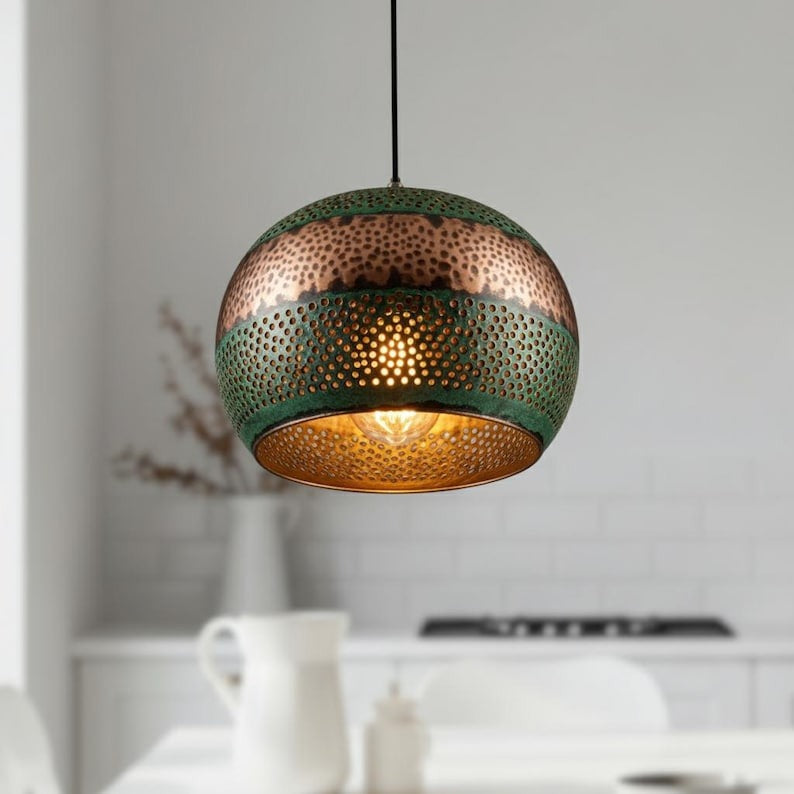 Handmade Perforated Brass Pendant Light – Moroccan Green Patina & Copper Globe Hanging Lamp with Round Cutouts for Kitchen Island, Dining Room & Boho Home Décor