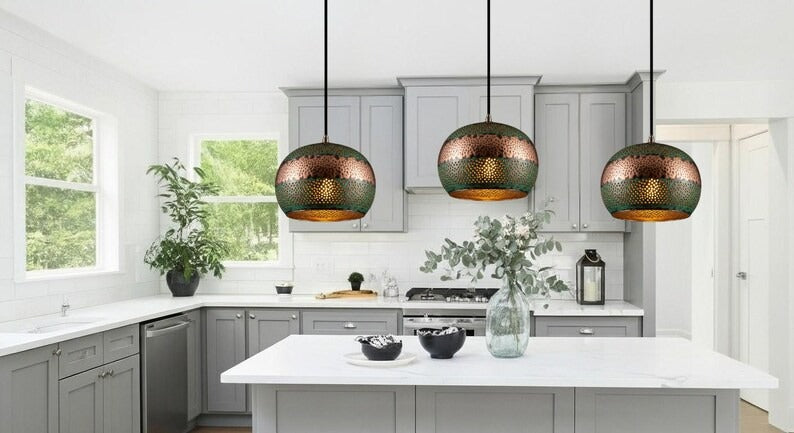 Handmade Perforated Brass Pendant Light – Moroccan Green Patina & Copper Globe Hanging Lamp with Round Cutouts for Kitchen Island, Dining Room & Boho Home Décor
