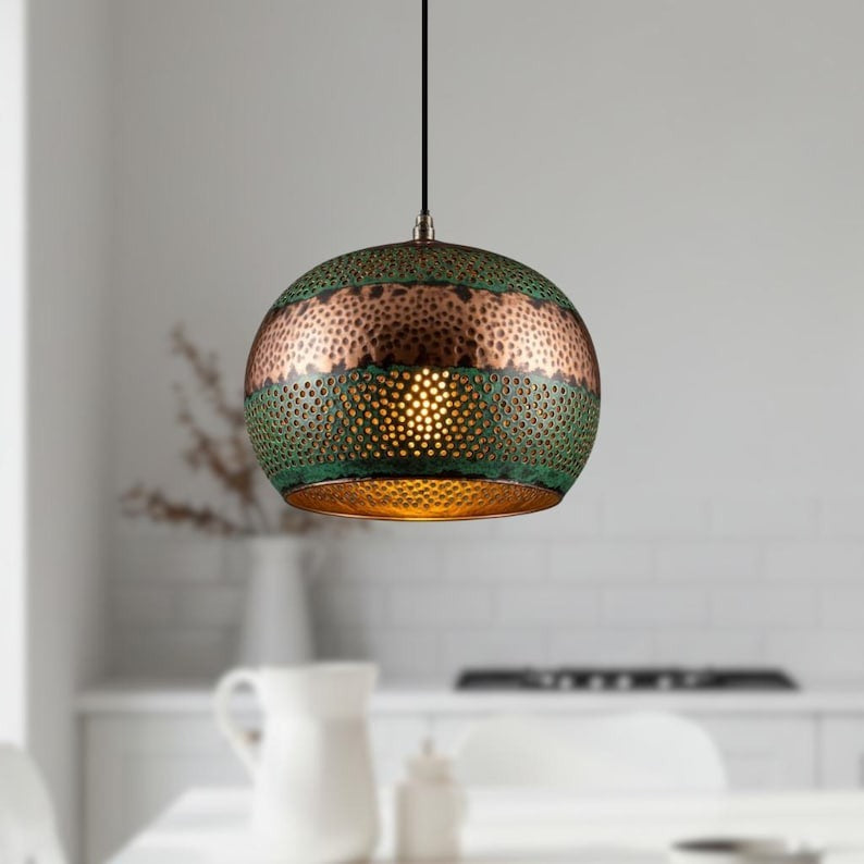 Handmade Perforated Brass Pendant Light – Moroccan Green Patina & Copper Globe Hanging Lamp with Round Cutouts for Kitchen Island, Dining Room & Boho Home Décor