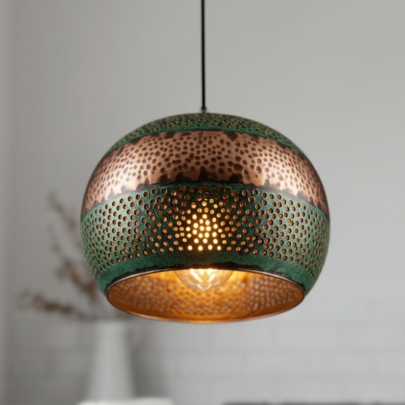 Handmade Perforated Brass Pendant Light – Moroccan Green Patina & Copper Globe Hanging Lamp with Round Cutouts for Kitchen Island, Dining Room & Boho Home Décor