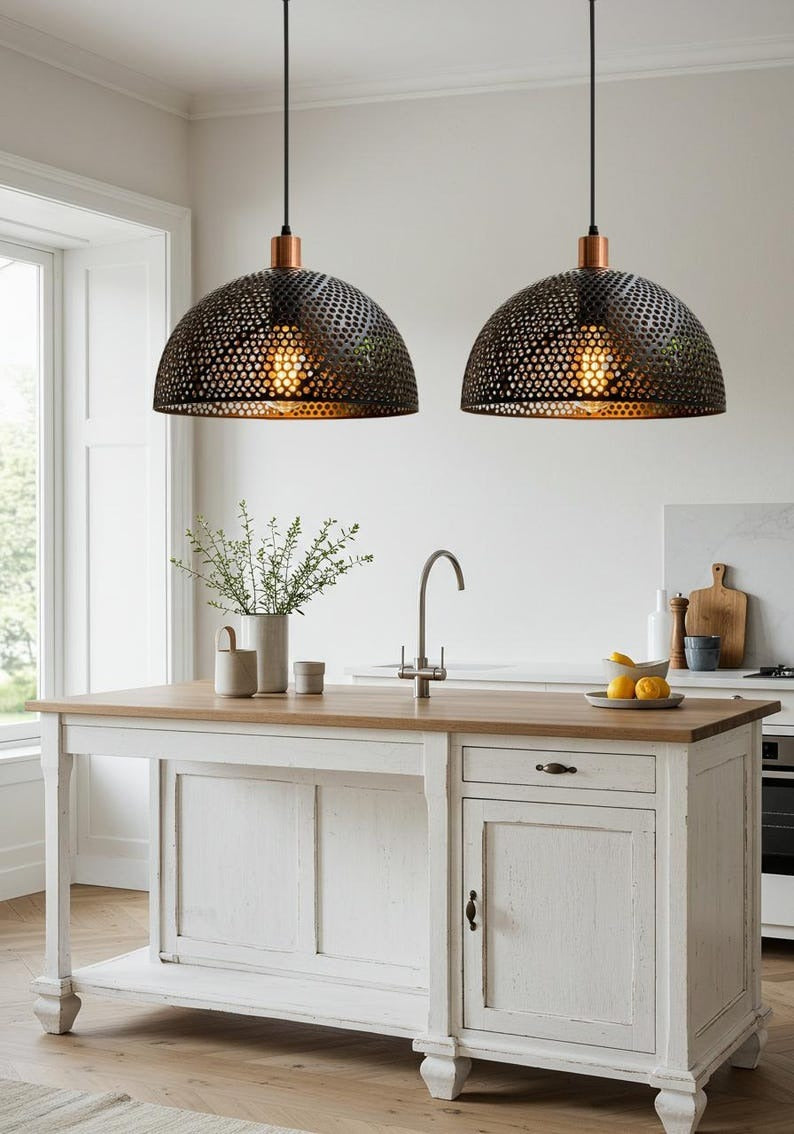 Handmade Moroccan Brass Pendant Light – Pierced Black Dome Ceiling Lamp with Perforated Metalwork, Copper Accents & Patterned Ambient Glow