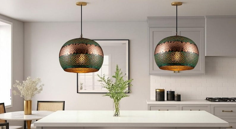 Handmade Perforated Brass Pendant Light – Moroccan Green Patina & Copper Globe Hanging Lamp with Round Cutouts for Kitchen Island, Dining Room & Boho Home Décor