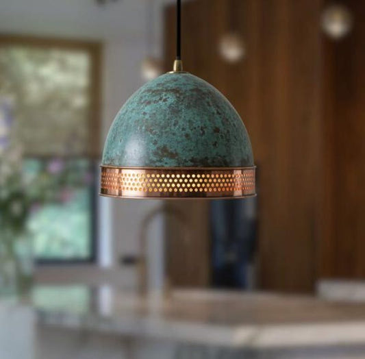 Handmade Green Patina Brass Pendant Light – Moroccan Dome Hanging Lamp with Perforated Copper Brass Band for Kitchen Island, Dining Room & Boho Home Décor