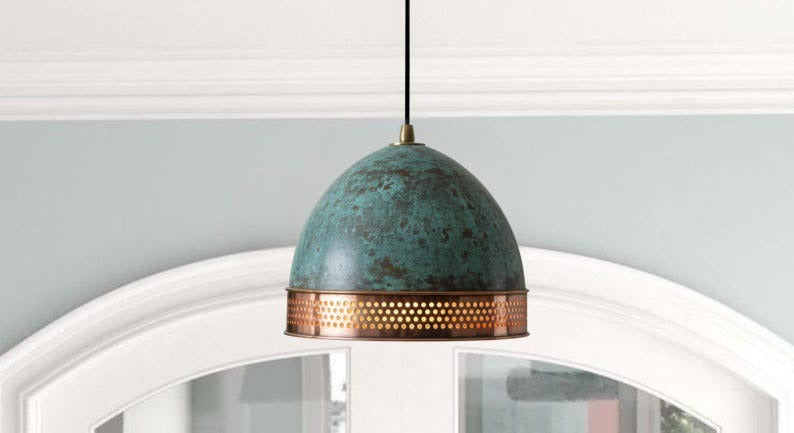 Handmade Green Patina Brass Pendant Light – Moroccan Dome Hanging Lamp with Perforated Copper Brass Band for Kitchen Island, Dining Room & Boho Home Décor