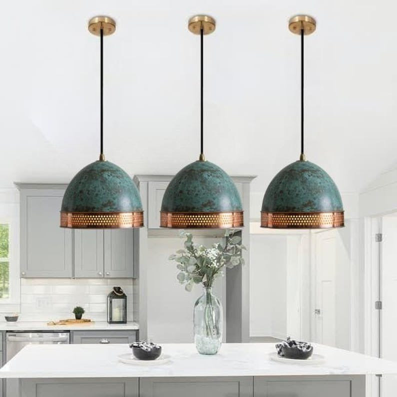 Handmade Green Patina Brass Pendant Light – Moroccan Dome Hanging Lamp with Perforated Copper Brass Band for Kitchen Island, Dining Room & Boho Home Décor