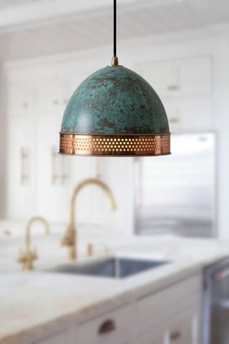 Handmade Green Patina Brass Pendant Light – Moroccan Dome Hanging Lamp with Perforated Copper Brass Band for Kitchen Island, Dining Room & Boho Home Décor