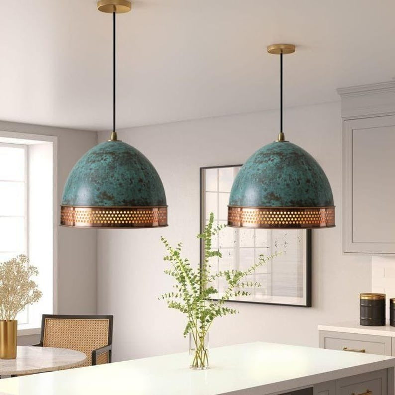 Handmade Green Patina Brass Pendant Light – Moroccan Dome Hanging Lamp with Perforated Copper Brass Band for Kitchen Island, Dining Room & Boho Home Décor