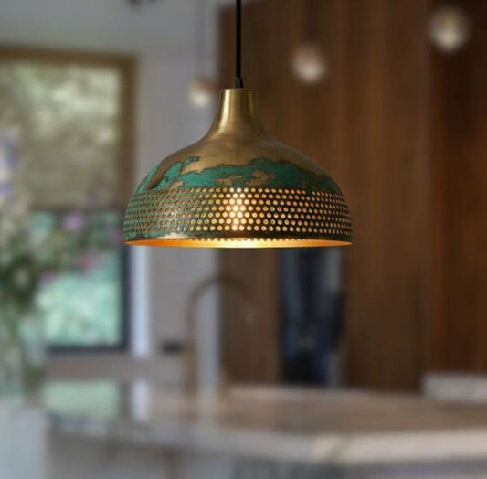 Handmade Brass Pendant Light – Moroccan Gold & Green Patina Dome Hanging Lamp with Perforated Band for Kitchen Island, Dining Room & Boho Home Décor