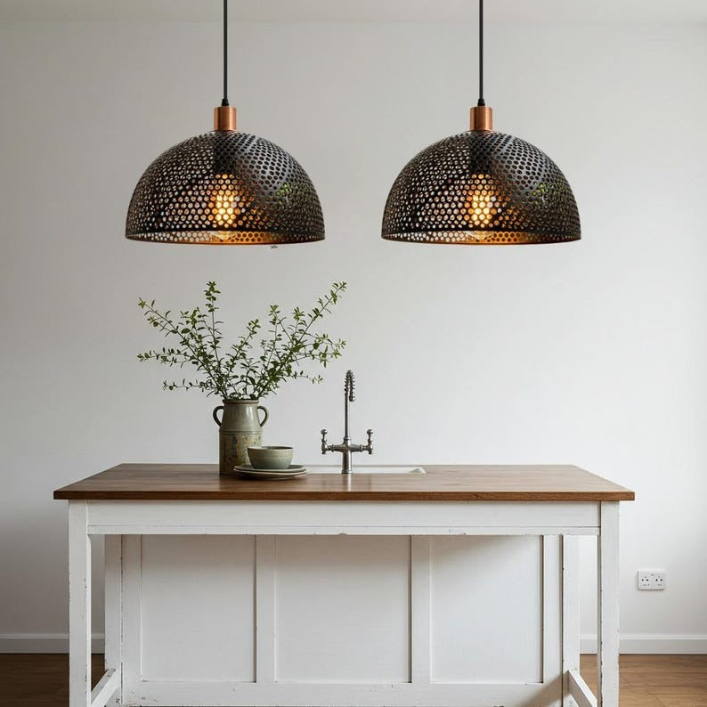 Handmade Moroccan Brass Pendant Light – Pierced Black Dome Ceiling Lamp with Perforated Metalwork, Copper Accents & Patterned Ambient Glow