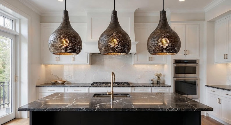 Perforated Teardrop Copper Pendant Light, Handmade Moroccan Pierced Copper Chandelier, Rustic Kitchen Island Hanging Lamp, Boho Farmhouse Ceiling Light Fixture