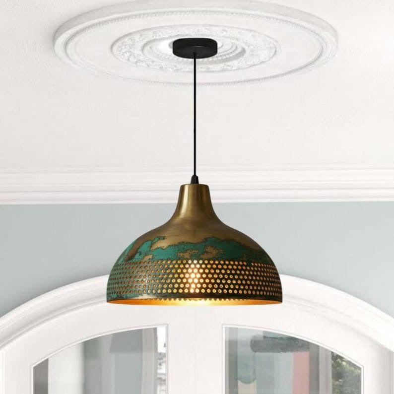 Handmade Brass Pendant Light – Moroccan Gold & Green Patina Dome Hanging Lamp with Perforated Band for Kitchen Island, Dining Room & Boho Home Décor