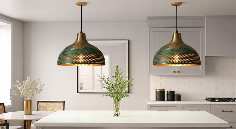 Handmade Brass Pendant Light – Moroccan Gold & Green Patina Dome Hanging Lamp with Perforated Band for Kitchen Island, Dining Room & Boho Home Décor