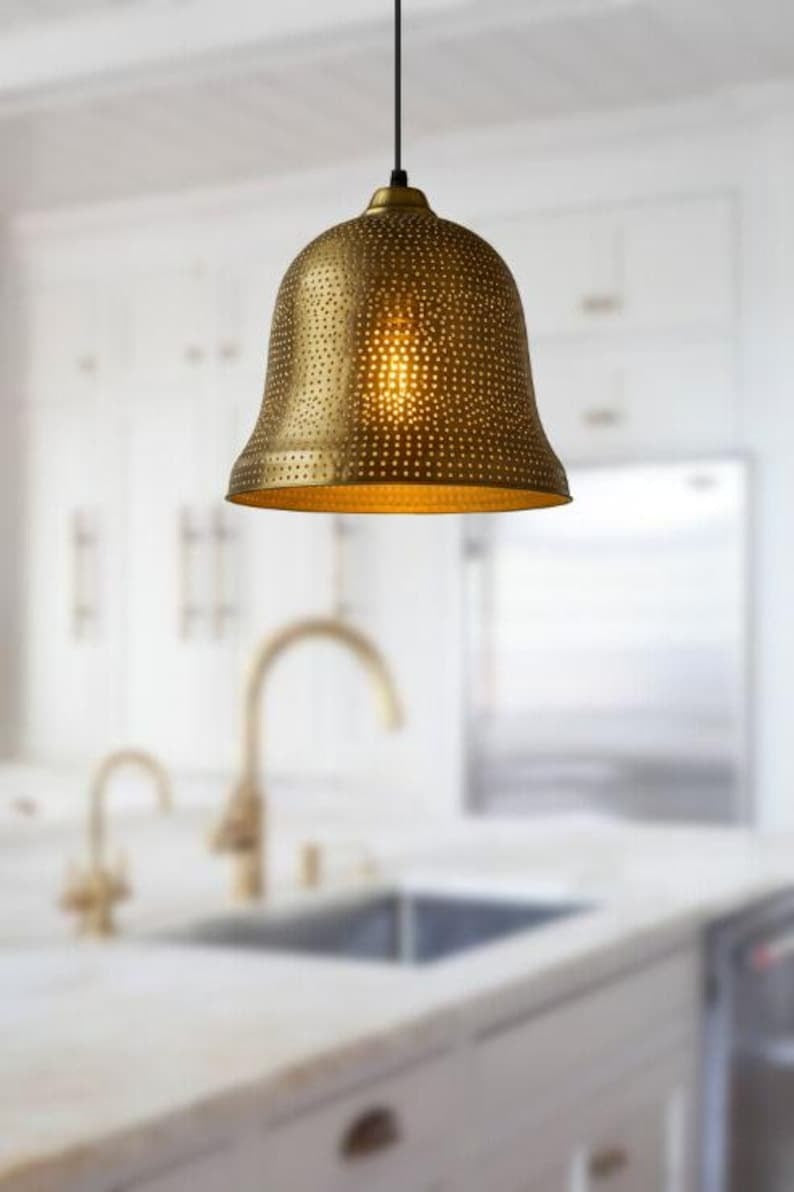 Handmade Perforated Brass Pendant Light – Moroccan Gold Bell Hanging Lamp with Warm Brass Interior for Kitchen Island, Dining Room & Boho Home Décor