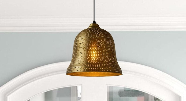 Handmade Perforated Brass Pendant Light – Moroccan Gold Bell Hanging Lamp with Warm Brass Interior for Kitchen Island, Dining Room & Boho Home Décor