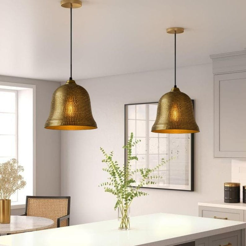 Handmade Perforated Brass Pendant Light – Moroccan Gold Bell Hanging Lamp with Warm Brass Interior for Kitchen Island, Dining Room & Boho Home Décor