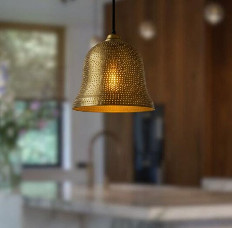 Handmade Perforated Brass Pendant Light – Moroccan Gold Bell Hanging Lamp with Warm Brass Interior for Kitchen Island, Dining Room & Boho Home Décor