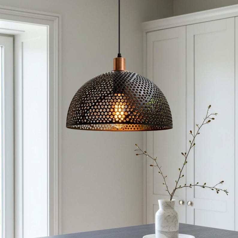 Handmade Moroccan Brass Pendant Light – Pierced Black Dome Ceiling Lamp with Perforated Metalwork, Copper Accents & Patterned Ambient Glow