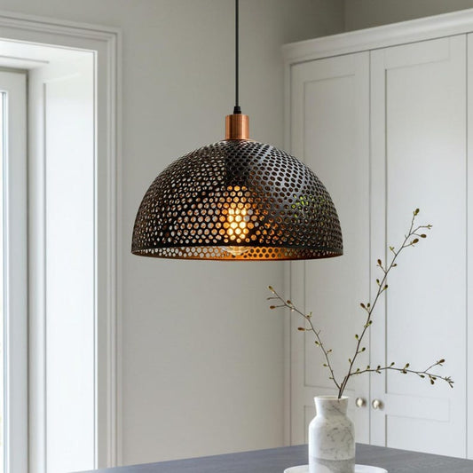 Handmade Moroccan Brass Pendant Light – Pierced Black Dome Ceiling Lamp with Perforated Metalwork, Copper Accents & Patterned Ambient Glow