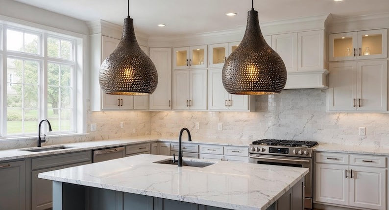 Perforated Teardrop Copper Pendant Light, Handmade Moroccan Pierced Copper Chandelier, Rustic Kitchen Island Hanging Lamp, Boho Farmhouse Ceiling Light Fixture