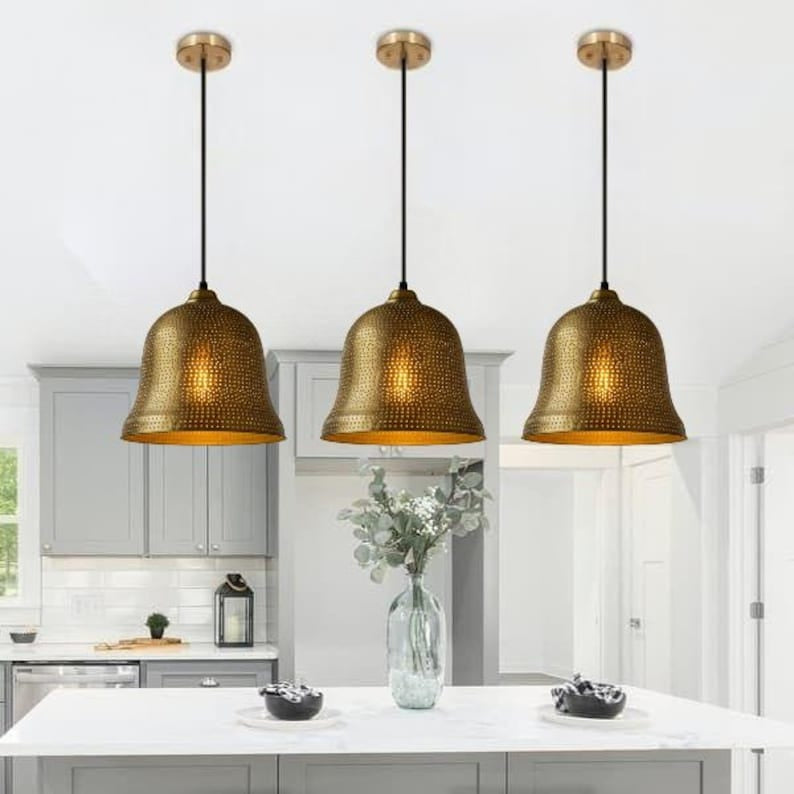 Handmade Perforated Brass Pendant Light – Moroccan Gold Bell Hanging Lamp with Warm Brass Interior for Kitchen Island, Dining Room & Boho Home Décor