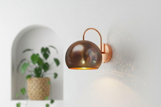 Handmade Moroccan Brass Wall Sconce – Perforated Copper Brass Dome Wall Light with Curved Arm, Warm Boho Mediterranean Bedside Lamp for Bedroom, Hallway, Bathroom & Entryway