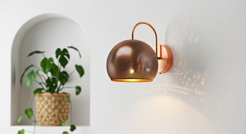 Handmade Moroccan Brass Wall Sconce – Perforated Copper Brass Dome Wall Light with Curved Arm, Warm Boho Mediterranean Bedside Lamp for Bedroom, Hallway, Bathroom & Entryway